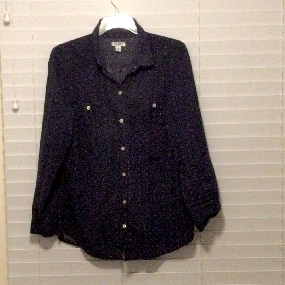Navy polka dot button down blouse